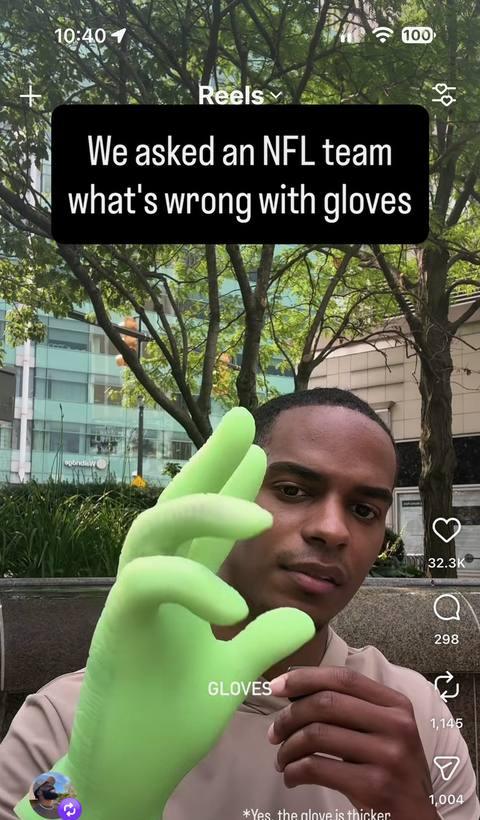 Reel: a man holding up a thick padded glove, 'Building the world's greatest gloves in the open'